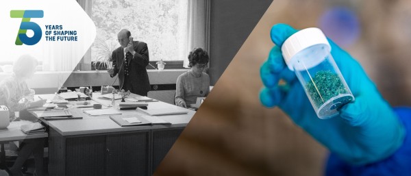 photo collage: historic photo of an office scene (left) and a hand in security gloves holding a can with crystals (right)