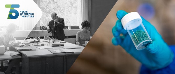 photo collage: historic photo of an office scene (left) and a hand in security gloves holding a can with crystals (right)