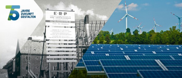 Collage: historisches Foto des Baus von ERP Geflüchtetenwohnungen (links) und Solarzellen und Windkrafträdern (rechts)