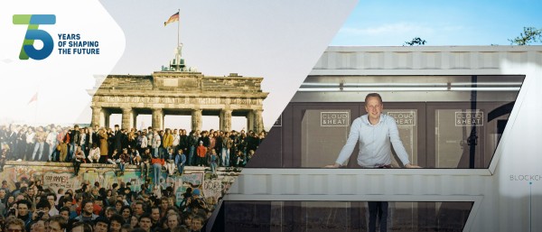 photo collage: historic photo of people on the Berlin wall (left) and a portrait of Nicolas Roehrs, CEO Cloud&Heat (right)