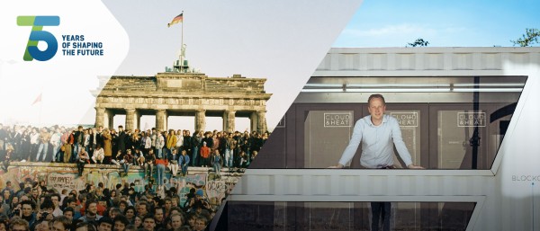 photo collage: historic photo of people on the Berlin wall (left) and a portrait of Nicolas Roehrs, CEO Cloud&Heat (right)