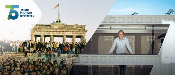 Collage: historisches Foto von Menschen auf der Berlines Mauer (links) und Portrait von Nicolas Roehrs, CEO Cloud&Heat (rechts)