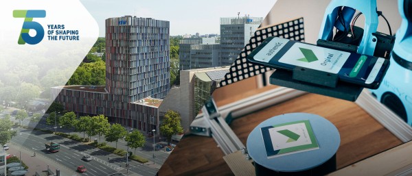 photo collage: outside shot of the KfW-IPEX buidling (left) and a robotic arm holding a smart phone testing Authentic Network's app (right)