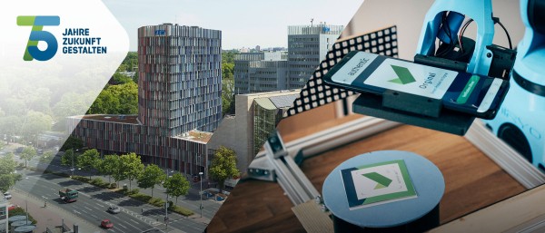 Collage: Außenaufnahme KfW-IPEX-Gebäude (links) und Roboterarm mit Smartphone beim Test der Authentic Network App
