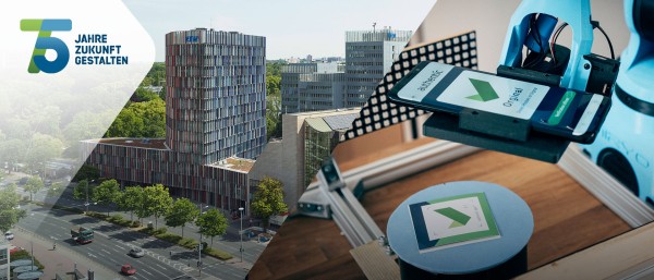 Collage: Außenaufnahme KfW-IPEX-Gebäude (links) und Roboterarm mit Smartphone beim Test der Authentic Network App