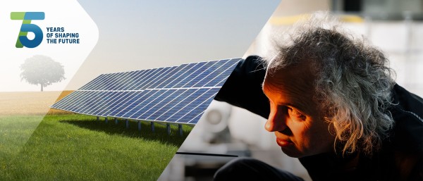 Collage: Solar panels in a field (left) and man close-up (right)