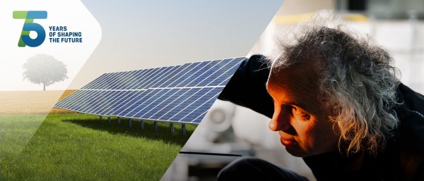 Collage: Solar panels in a field (left) and man close-up (right)