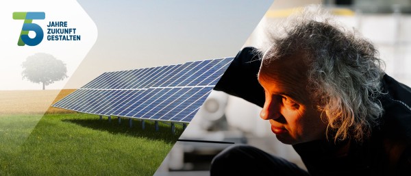 Collage: Solarpanels auf einem Feld (links) und Mann Nahaufnahme (rechts)