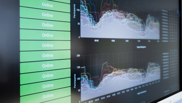 A digital board shows graphs