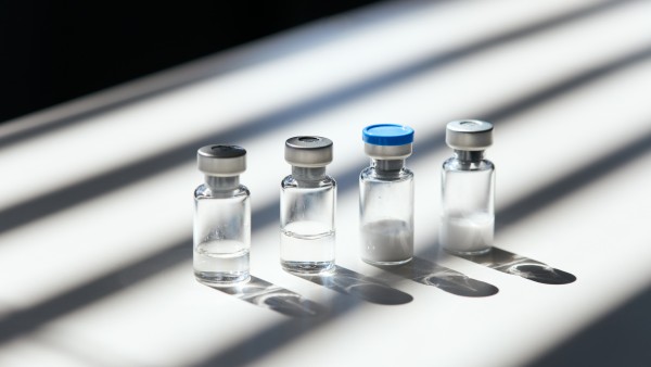 A row of ampoules with Hepcludex, powder for preparation for injection are on a table