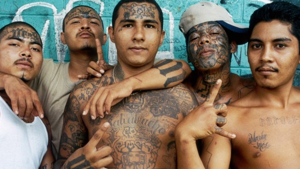 Gang members in Central America pose for the camera