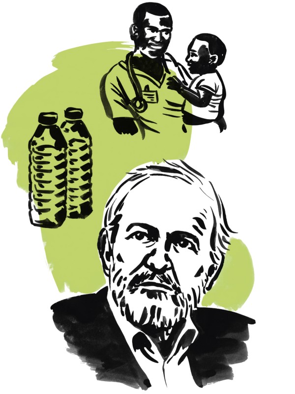 Illustration von Ernst Ulrich von Weizsäcker, Arzt mit Kind auf dem Arm und zwei Flaschen