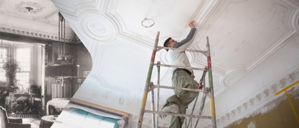 Stucco plasterer restoring ceiling in Villa 102
