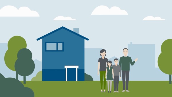 Animated picture: family standing in front of a house