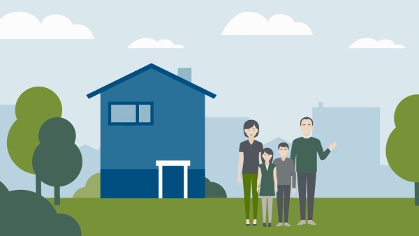 Animated picture: family standing in front of a house