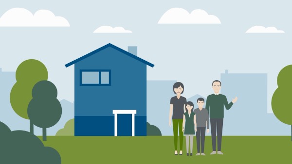 Animated picture: family standing in front of a house