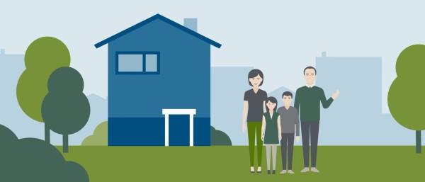 Animated picture: family standing in front of a house