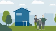 Animated picture: family standing in front of a house