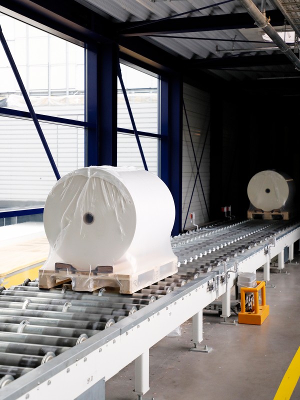 Paper rolls on a conveyor belt