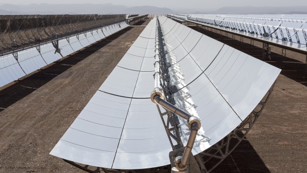 Rows of parabolic mirrors in the desert