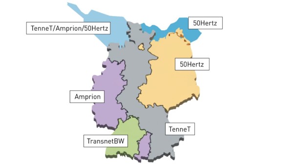Landkarte von Deutschland mit den vier Übertragungsnetzbetreibern