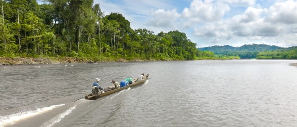 Three men in a boat on a river