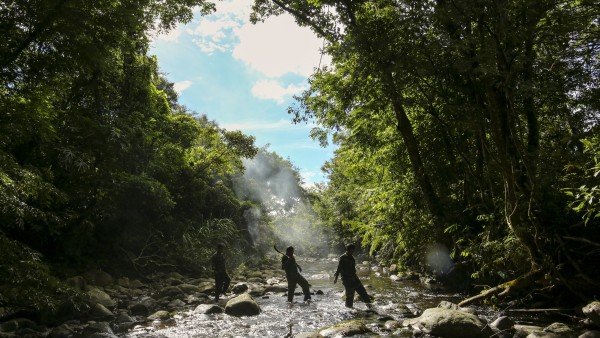 Rangers wade a river in the protected forest of the Annamite Range.