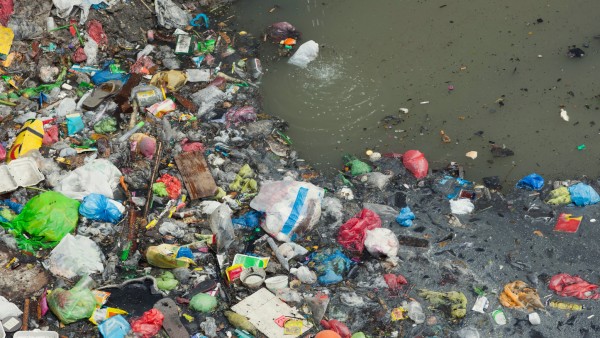 Plastic waste washed upon the shore