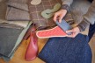 A variety of fabrics laid out for a new Wildling shoe model
