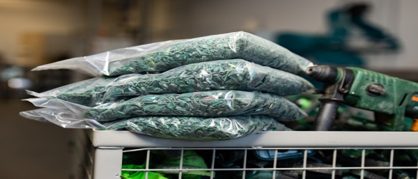 Aussortierte Bohrmaschinen in einer großen Kiste zusammen mit Tüten, die mit grünem Plastikgranulat gefüllt sind.
