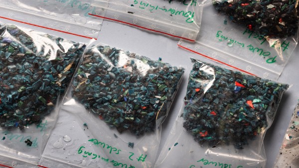 Mehrere beschriftete Tüten mit geschreddertem Plastik.