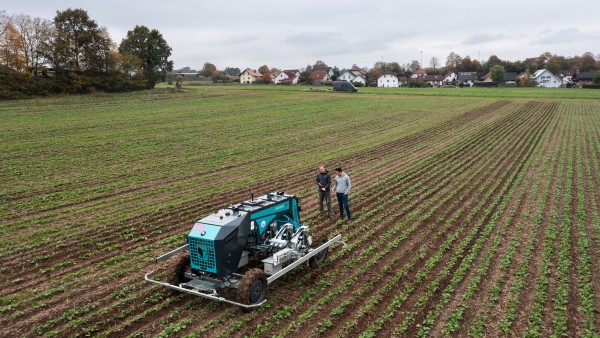 Farming Revolution setzen den KI- gestützen autonomen Hackroboter Namens „Farming GT“ auf einem Feld ein um den Raps von Unkraut zu befreien. 