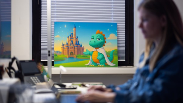 Lisanne Drerup von der MonsterShack UG sitzt am Schreibtisch. Im Hintergrund sieht man eine Illustratiom eienes Itchy Monsters