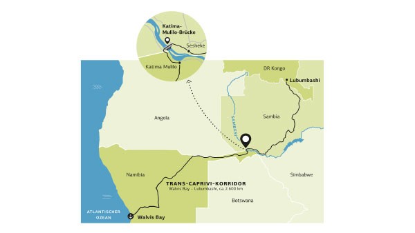 Landkarte der Region zwischen Copperbelt und Atlantik mit Sambesi und Brücke