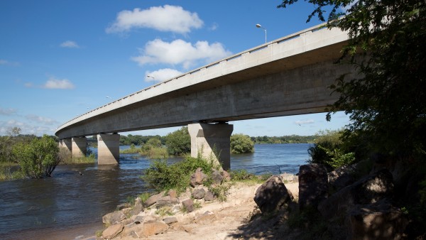 Bridge over the Zambezi shot from the riverside, looking up