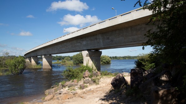 Bridge over the Zambezi shot from the riverside, looking up