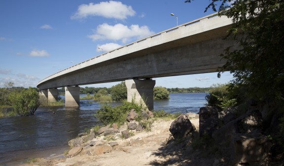 Bridge over the Zambezi shot from the riverside, looking up