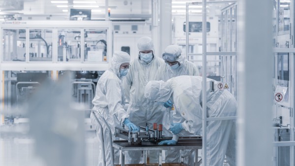 Several lab employees in protective clothing assemble batteries