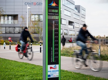 Bicycle barometer in front of the company Centogene at the city port in Rostock