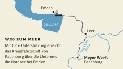 Infografik, die den Weg des Kreuzfahrtschiffes von der Meyer Werft in Papenburg bis zur Nordsee nachzeichnet