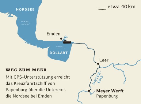 Infografik, die den Weg des Kreuzfahrtschiffes von der Meyer Werft in Papenburg bis zur Nordsee nachzeichnet